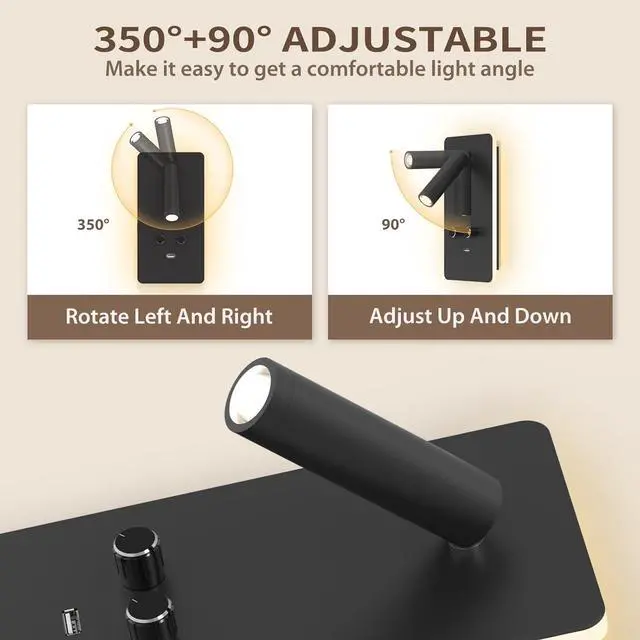 Alt view image 4 of 7 - M04 Dimmable Wall Mount Reading Light,Adjustable 0.9-3.7W LED Wall Mounted Reading Lamp with Adjustable 1.2-6W Backlight,Wall Sconces with USB Port,Wall Lamps for Bedroom(Black)