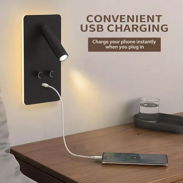 Alt view image 5 of 7 - M04 Dimmable Wall Mount Reading Light,Adjustable 0.9-3.7W LED Wall Mounted Reading Lamp with Adjustable 1.2-6W Backlight,Wall Sconces with USB Port,Wall Lamps for Bedroom(Black)