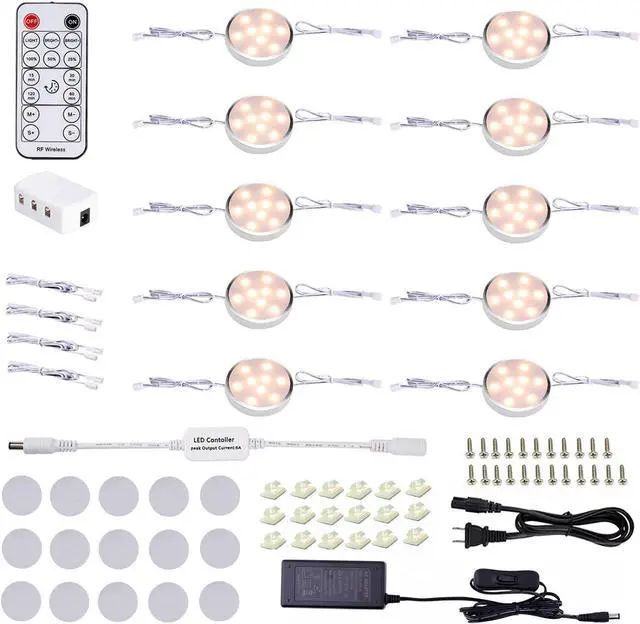 Main image of LED Dimmable Under Cabinet Lighting Plug in,10 Pack Linkable Puck Lights with Remote Control,Hardwired Cabinet Lights with Timer for Kitchen Counter,Wardrobe,Bookcase (Warm White)