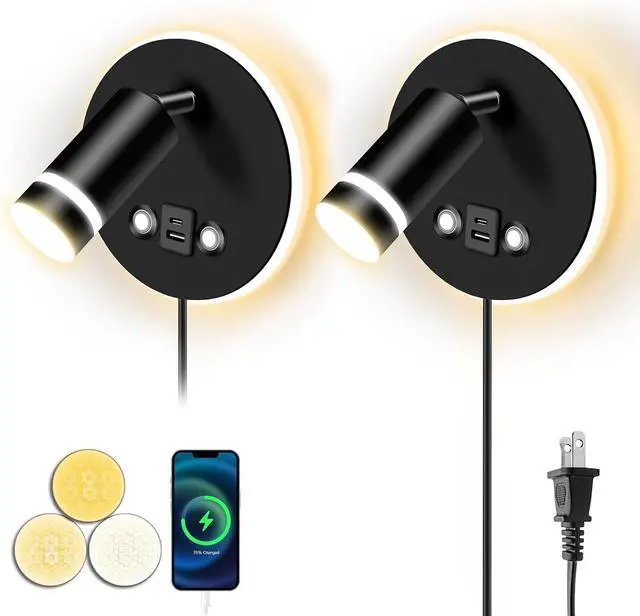 Main image of Wall Mounted Reading Light, Adjustable Wall Sconces with USB and Type-C Charging Port/Touch Control, 3000K/4000K/6000K 350° Rotatable LED Spotlight & Backlight for Bedside Bedroom -2 Pack
