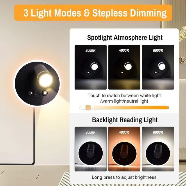 Alt view image 2 of 7 - Wall Mounted Reading Light, Adjustable Wall Sconces with USB and Type-C Charging Port/Touch Control, 3000K/4000K/6000K 350° Rotatable LED Spotlight & Backlight for Bedside Bedroom -2 Pack