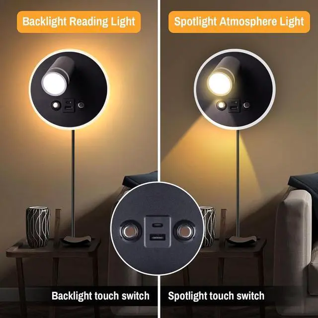 Alt view image 3 of 7 - Wall Mounted Reading Light, Adjustable Wall Sconces with USB and Type-C Charging Port/Touch Control, 3000K/4000K/6000K 350° Rotatable LED Spotlight & Backlight for Bedside Bedroom -2 Pack