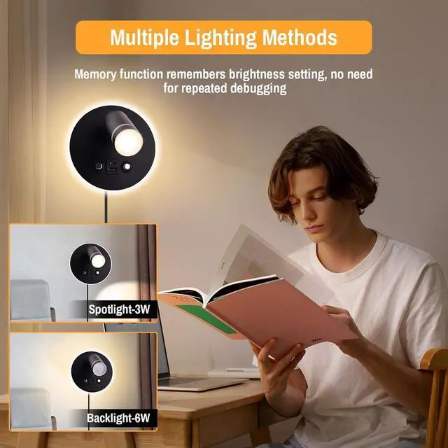 Alt view image 4 of 7 - Wall Mounted Reading Light, Adjustable Wall Sconces with USB and Type-C Charging Port/Touch Control, 3000K/4000K/6000K 350° Rotatable LED Spotlight & Backlight for Bedside Bedroom -2 Pack