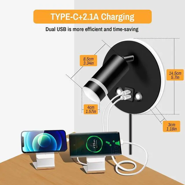 Alt view image 5 of 7 - Wall Mounted Reading Light, Adjustable Wall Sconces with USB and Type-C Charging Port/Touch Control, 3000K/4000K/6000K 350° Rotatable LED Spotlight & Backlight for Bedside Bedroom -2 Pack