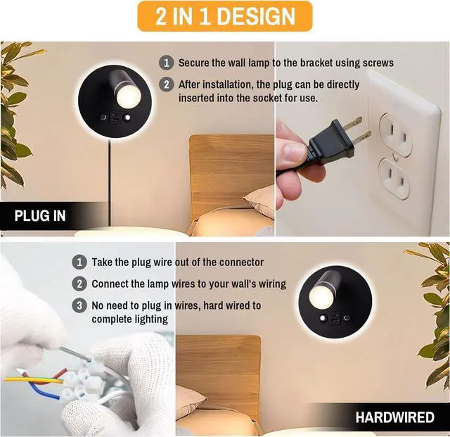 Alt view image 7 of 7 - Wall Mounted Reading Light, Adjustable Wall Sconces with USB and Type-C Charging Port/Touch Control, 3000K/4000K/6000K 350° Rotatable LED Spotlight & Backlight for Bedside Bedroom -2 Pack