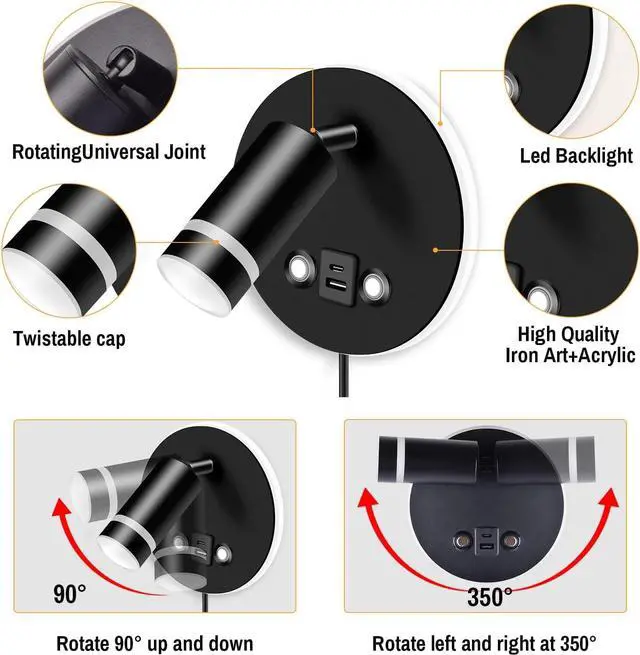 Alt view image 6 of 7 - Wall Mounted Reading Light, Adjustable Wall Sconces with USB and Type-C Charging Port/Touch Control, 3000K/4000K/6000K 350° Rotatable LED Spotlight & Backlight for Bedside Bedroom -2 Pack