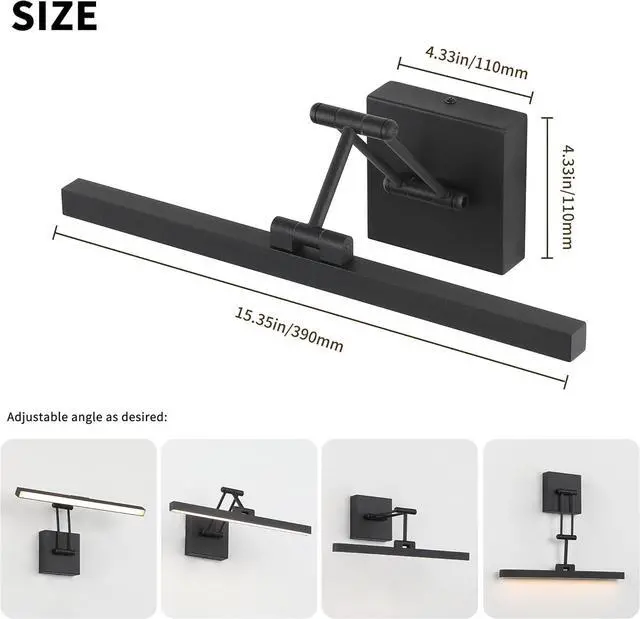 Alt view image 5 of 7 - Hard-Wired Picture Light Dimmable LED Picture Lights for Paintings 15.7" Inch Black Metal Body Wall Pictures with Adjustable Swing Arm Art Display Lamps 7W 3000K Warm White Book Light