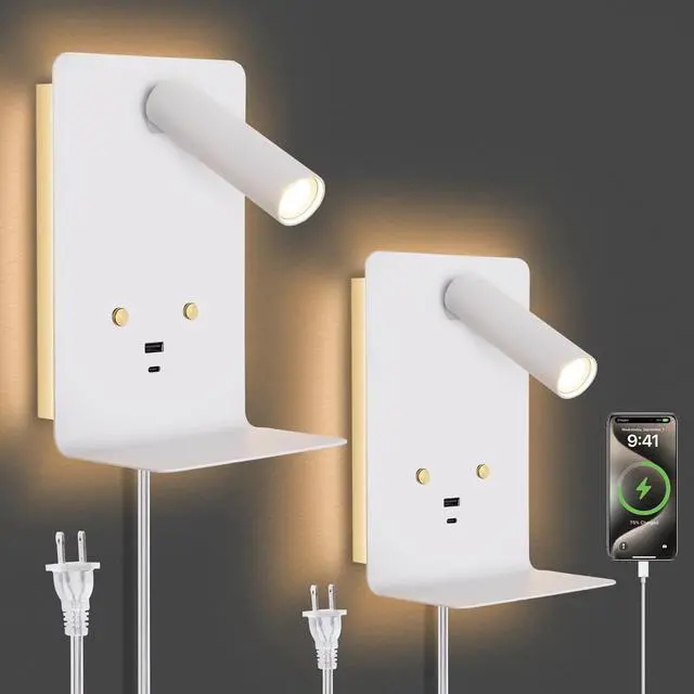 Main image of Touch Dimmable Wall Mounted Reading Light Set of 2, Plug in Bedroom Bedside Lamp Wall Mount Sconce, White Corded Headboard Reading Lamp with USB C+A Charging Ports for Bed Side Room