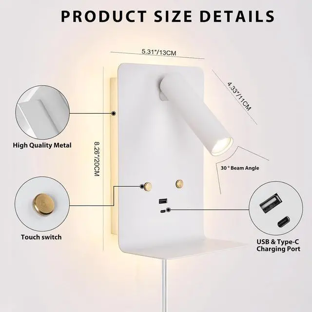 Alt view image 2 of 7 - Touch Dimmable Wall Mounted Reading Light Set of 2, Plug in Bedroom Bedside Lamp Wall Mount Sconce, White Corded Headboard Reading Lamp with USB C+A Charging Ports for Bed Side Room