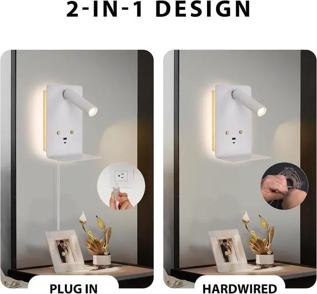 Alt view image 3 of 7 - Touch Dimmable Wall Mounted Reading Light Set of 2, Plug in Bedroom Bedside Lamp Wall Mount Sconce, White Corded Headboard Reading Lamp with USB C+A Charging Ports for Bed Side Room