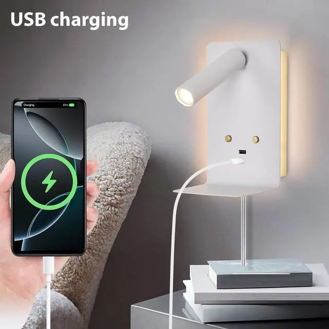 Alt view image 4 of 7 - Touch Dimmable Wall Mounted Reading Light Set of 2, Plug in Bedroom Bedside Lamp Wall Mount Sconce, White Corded Headboard Reading Lamp with USB C+A Charging Ports for Bed Side Room