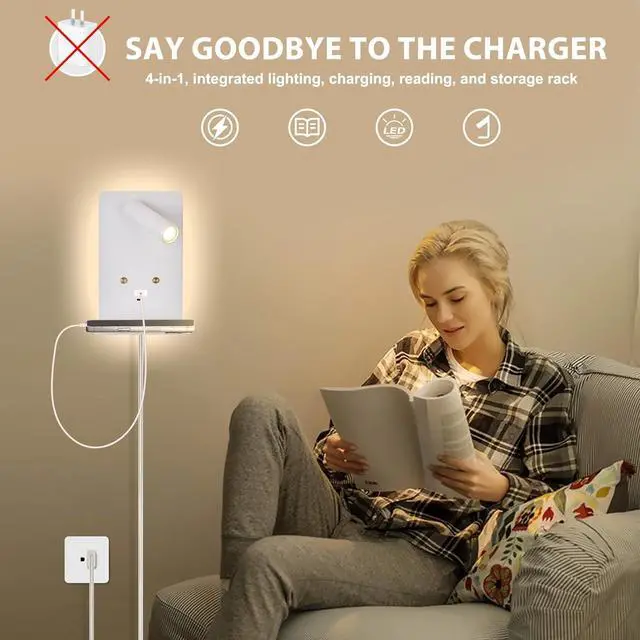 Alt view image 7 of 7 - Touch Dimmable Wall Mounted Reading Light Set of 2, Plug in Bedroom Bedside Lamp Wall Mount Sconce, White Corded Headboard Reading Lamp with USB C+A Charging Ports for Bed Side Room