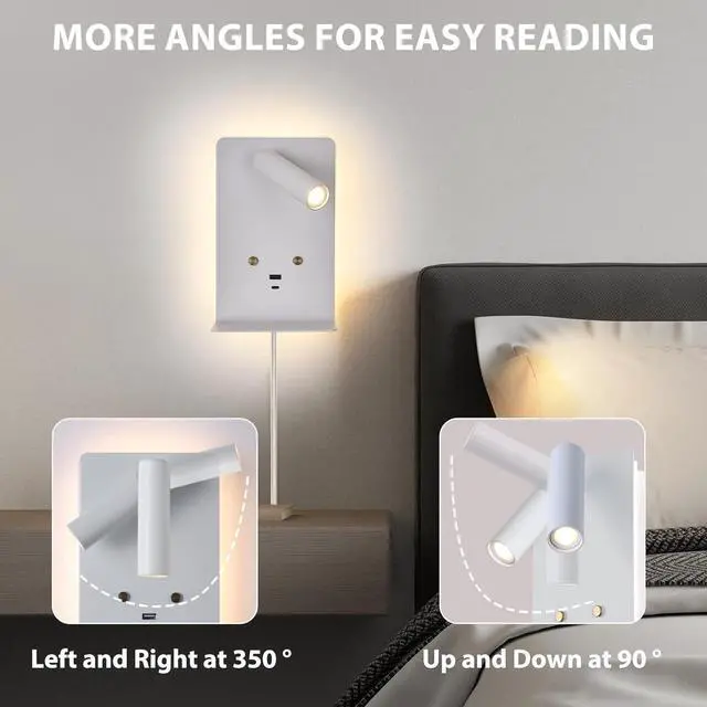 Alt view image 5 of 7 - Touch Dimmable Wall Mounted Reading Light Set of 2, Plug in Bedroom Bedside Lamp Wall Mount Sconce, White Corded Headboard Reading Lamp with USB C+A Charging Ports for Bed Side Room
