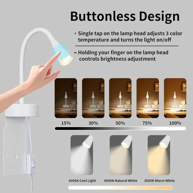 Alt view image 2 of 7 - White Headboard Reading Light, No Drilling Wall Mounted Reading Lights for Bedside, Book Light for Bedtime Reading, Buttonless Dimmable Reading Lamp, Movable Gooseneck Reading Sconces for Bedroom