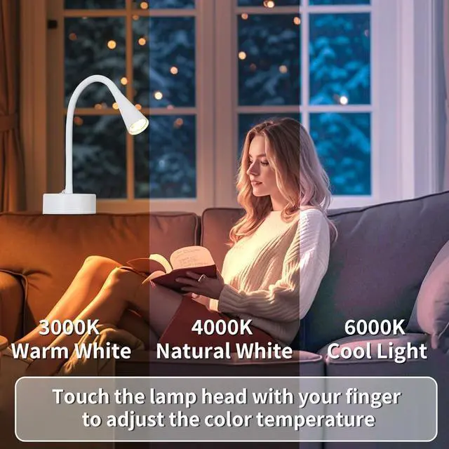 Alt view image 6 of 7 - White Headboard Reading Light, No Drilling Wall Mounted Reading Lights for Bedside, Book Light for Bedtime Reading, Buttonless Dimmable Reading Lamp, Movable Gooseneck Reading Sconces for Bedroom