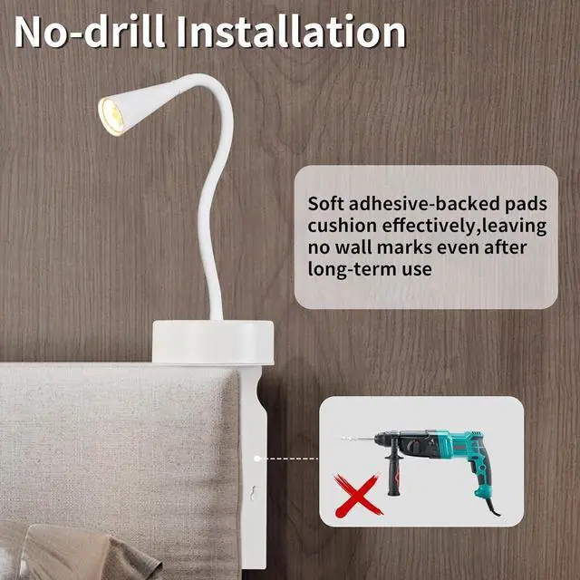 Alt view image 3 of 7 - White Headboard Reading Light, No Drilling Wall Mounted Reading Lights for Bedside, Book Light for Bedtime Reading, Buttonless Dimmable Reading Lamp, Movable Gooseneck Reading Sconces for Bedroom