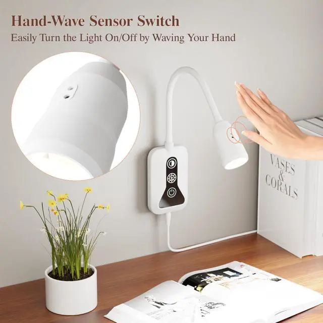 Alt view image 3 of 7 - Wall Mounted Reading Light, Wall Light with Motion Sensor Switch, 5 Dimmable & Color Temperature Adjustable, USB-C Output, Flexible Gooseneck Book Light for Bed, Sofa, Desk,Dorms, Heaboard