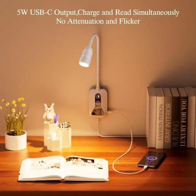 Alt view image 4 of 7 - Wall Mounted Reading Light, Wall Light with Motion Sensor Switch, 5 Dimmable & Color Temperature Adjustable, USB-C Output, Flexible Gooseneck Book Light for Bed, Sofa, Desk,Dorms, Heaboard