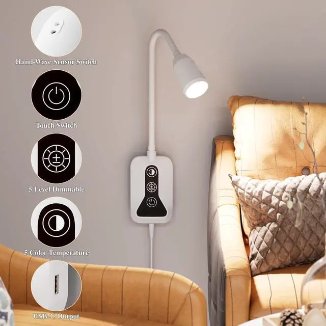 Alt view image 5 of 7 - Wall Mounted Reading Light, Wall Light with Motion Sensor Switch, 5 Dimmable & Color Temperature Adjustable, USB-C Output, Flexible Gooseneck Book Light for Bed, Sofa, Desk,Dorms, Heaboard