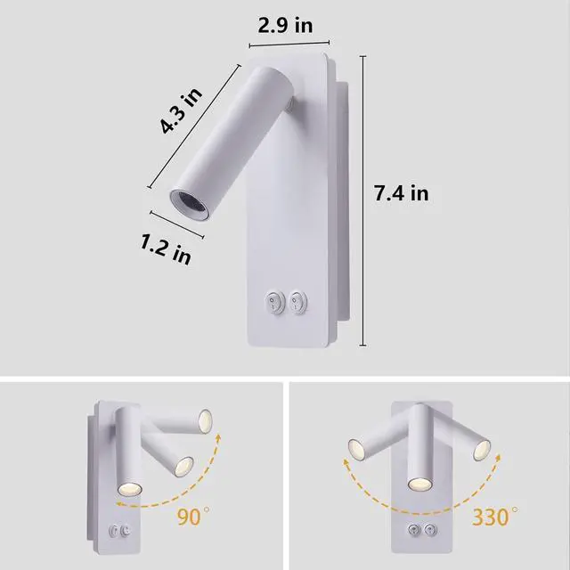 Alt view image 4 of 7 - Dimmable Wall Lamps Wall Mounted Reading Lights for Book at Night, Plug in Hardwire 2 in 1 Sconces, 6W Night Light & 3W Headboard Lights, Adjustable Wall Sconces for Study Bedside Closet Dorm (White)