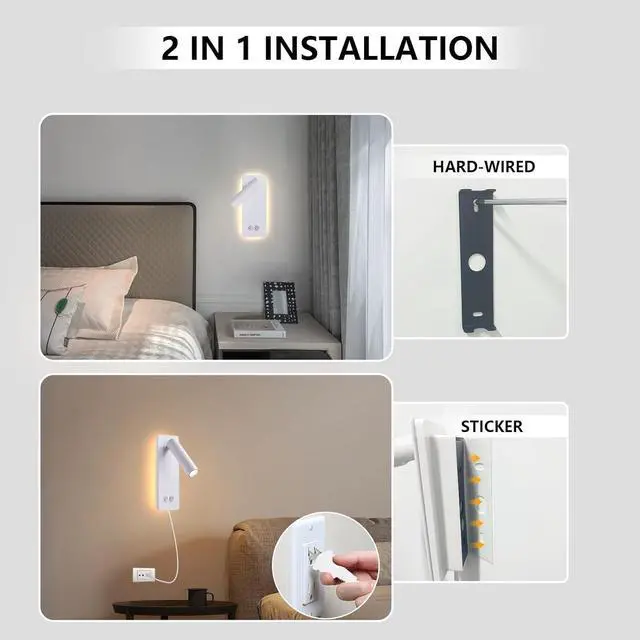 Alt view image 5 of 7 - Dimmable Wall Lamps Wall Mounted Reading Lights for Book at Night, Plug in Hardwire 2 in 1 Sconces, 6W Night Light & 3W Headboard Lights, Adjustable Wall Sconces for Study Bedside Closet Dorm (White)