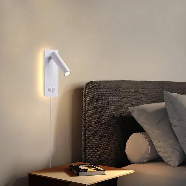 Alt view image 6 of 7 - Dimmable Wall Lamps Wall Mounted Reading Lights for Book at Night, Plug in Hardwire 2 in 1 Sconces, 6W Night Light & 3W Headboard Lights, Adjustable Wall Sconces for Study Bedside Closet Dorm (White)