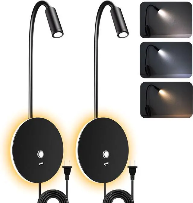 Main image of Wall Mounted Reading Light for Bed - Plug in Wall Reading Light with 3 Colors/Touch Dimming/USB Output, Flexible Gooceneck Bedside Wall Lamps for Living Room Bedroom RVs Campers Boats, 2 Pack