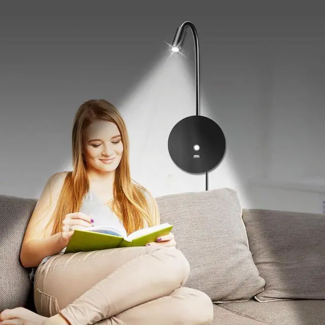 Alt view image 2 of 7 - Wall Mounted Reading Light for Bed - Plug in Wall Reading Light with 3 Colors/Touch Dimming/USB Output, Flexible Gooceneck Bedside Wall Lamps for Living Room Bedroom RVs Campers Boats, 2 Pack