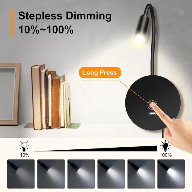 Alt view image 4 of 7 - Wall Mounted Reading Light for Bed - Plug in Wall Reading Light with 3 Colors/Touch Dimming/USB Output, Flexible Gooceneck Bedside Wall Lamps for Living Room Bedroom RVs Campers Boats, 2 Pack
