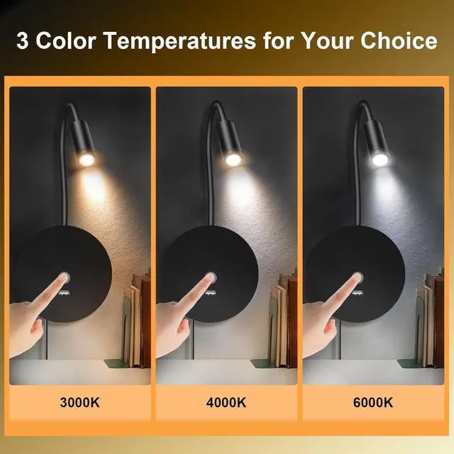 Alt view image 3 of 7 - Wall Mounted Reading Light for Bed - Plug in Wall Reading Light with 3 Colors/Touch Dimming/USB Output, Flexible Gooceneck Bedside Wall Lamps for Living Room Bedroom RVs Campers Boats, 2 Pack