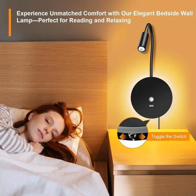 Alt view image 5 of 7 - Wall Mounted Reading Light for Bed - Plug in Wall Reading Light with 3 Colors/Touch Dimming/USB Output, Flexible Gooceneck Bedside Wall Lamps for Living Room Bedroom RVs Campers Boats, 2 Pack