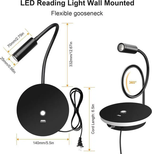 Alt view image 7 of 7 - Wall Mounted Reading Light for Bed - Plug in Wall Reading Light with 3 Colors/Touch Dimming/USB Output, Flexible Gooceneck Bedside Wall Lamps for Living Room Bedroom RVs Campers Boats, 2 Pack