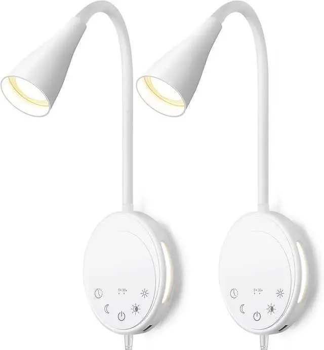 Main image of LED Wall Mount Reading Light, Bedside Reading Lights with Touch Control, 5 Dimmable, USB Output, Night Light & Timers, Flexible Gooseneck Headboard Bed Lights Wall Sconce (White-2P)