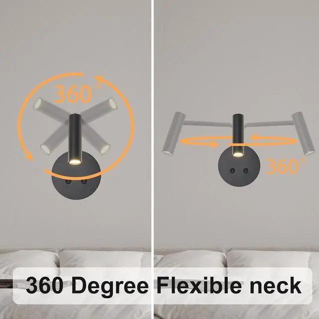 Alt view image 5 of 7 - Matte Black Wall Mounted Reading Light, 4000K Flexible Headboard Reading Sconces with On Off Switch Control, Plug in/Hardwired Wall Light Fixtures with Night Light for Bedside Bedroom Bunk