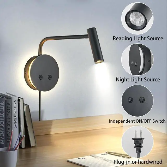 Alt view image 6 of 7 - Matte Black Wall Mounted Reading Light, 4000K Flexible Headboard Reading Sconces with On Off Switch Control, Plug in/Hardwired Wall Light Fixtures with Night Light for Bedside Bedroom Bunk