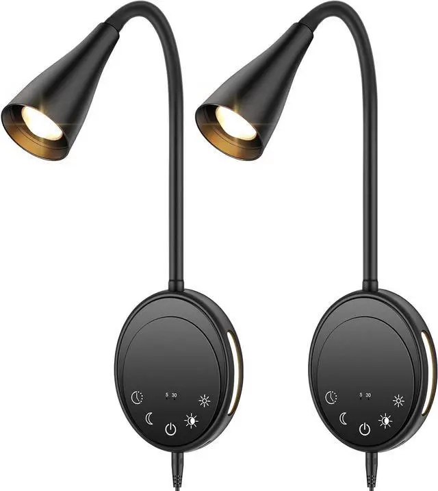 Main image of LED Wall Mount Reading Light, Bedside Reading Lights with Touch Control, 5 Dimmable, USB Output, Night Light & Timers, Flexible Gooseneck Headboard Bed Lights Wall Sconce