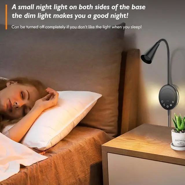 Alt view image 2 of 7 - LED Wall Mount Reading Light, Bedside Reading Lights with Touch Control, 5 Dimmable, USB Output, Night Light & Timers, Flexible Gooseneck Headboard Bed Lights Wall Sconce