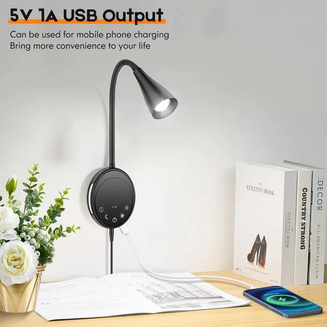 Alt view image 3 of 7 - LED Wall Mount Reading Light, Bedside Reading Lights with Touch Control, 5 Dimmable, USB Output, Night Light & Timers, Flexible Gooseneck Headboard Bed Lights Wall Sconce
