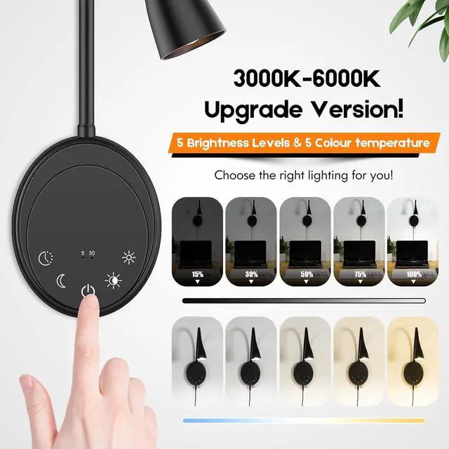 Alt view image 4 of 7 - LED Wall Mount Reading Light, Bedside Reading Lights with Touch Control, 5 Dimmable, USB Output, Night Light & Timers, Flexible Gooseneck Headboard Bed Lights Wall Sconce