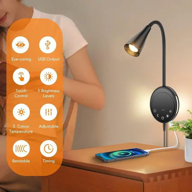 Alt view image 7 of 7 - LED Wall Mount Reading Light, Bedside Reading Lights with Touch Control, 5 Dimmable, USB Output, Night Light & Timers, Flexible Gooseneck Headboard Bed Lights Wall Sconce