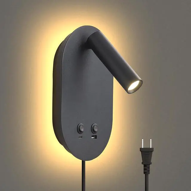 Main image of Wall Lamp Plug in Hardwired 2 in 1 Wall Sconces, Wall Mounted Reading Light with USB Type C Ports, Adjustable Bedside Headboard Spotlight, Bedside Lamp with 9W+3W Night Light 3000K (Black)