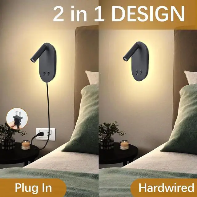 Alt view image 2 of 7 - Wall Lamp Plug in Hardwired 2 in 1 Wall Sconces, Wall Mounted Reading Light with USB Type C Ports, Adjustable Bedside Headboard Spotlight, Bedside Lamp with 9W+3W Night Light 3000K (Black)