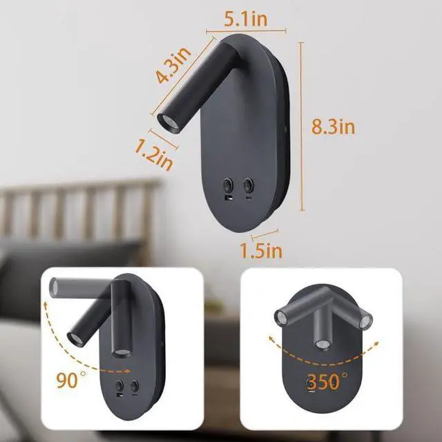 Alt view image 3 of 7 - Wall Lamp Plug in Hardwired 2 in 1 Wall Sconces, Wall Mounted Reading Light with USB Type C Ports, Adjustable Bedside Headboard Spotlight, Bedside Lamp with 9W+3W Night Light 3000K (Black)