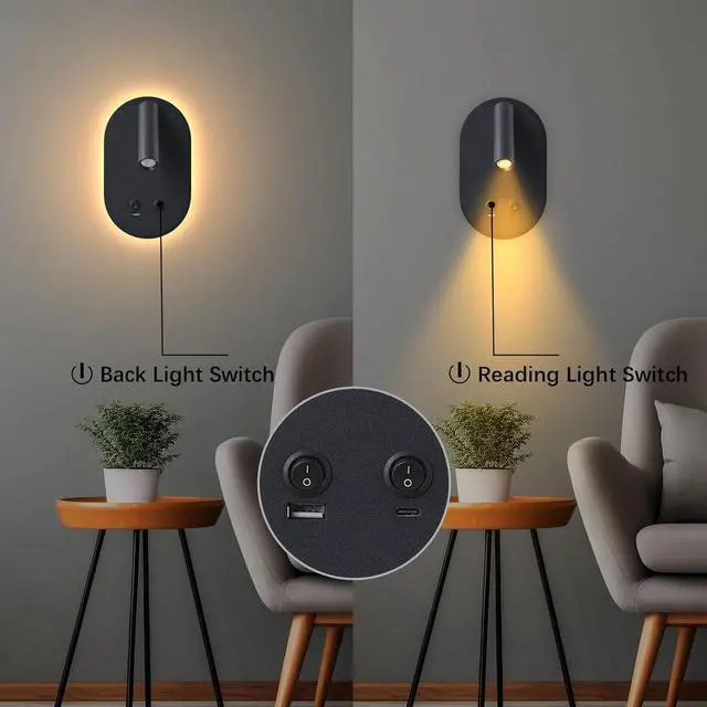 Alt view image 4 of 7 - Wall Lamp Plug in Hardwired 2 in 1 Wall Sconces, Wall Mounted Reading Light with USB Type C Ports, Adjustable Bedside Headboard Spotlight, Bedside Lamp with 9W+3W Night Light 3000K (Black)