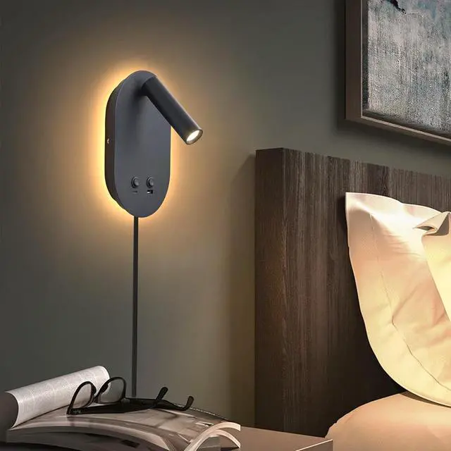 Alt view image 5 of 7 - Wall Lamp Plug in Hardwired 2 in 1 Wall Sconces, Wall Mounted Reading Light with USB Type C Ports, Adjustable Bedside Headboard Spotlight, Bedside Lamp with 9W+3W Night Light 3000K (Black)