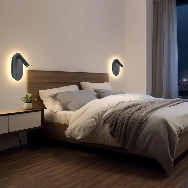 Alt view image 7 of 7 - Wall Lamp Plug in Hardwired 2 in 1 Wall Sconces, Wall Mounted Reading Light with USB Type C Ports, Adjustable Bedside Headboard Spotlight, Bedside Lamp with 9W+3W Night Light 3000K (Black)