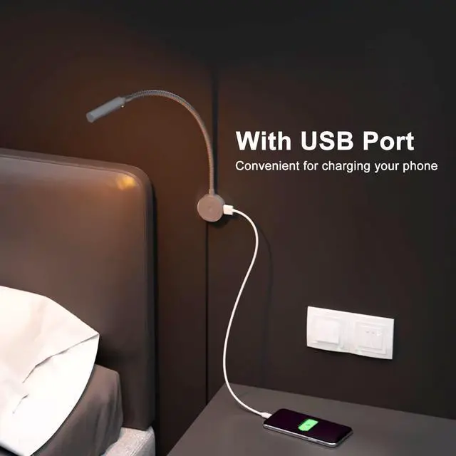 Alt view image 5 of 6 - Books Lights for Headboard, Bedside Wall Mounted Reading Lamp, Reading Light Touch to Adjust Color Temp (3000K/4000K/6000K) and Brightness, USB/Type-C Charging Ports, 20W Driver, ETL-Listed