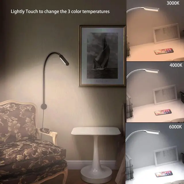 Alt view image 6 of 6 - Books Lights for Headboard, Bedside Wall Mounted Reading Lamp, Reading Light Touch to Adjust Color Temp (3000K/4000K/6000K) and Brightness, USB/Type-C Charging Ports, 20W Driver, ETL-Listed