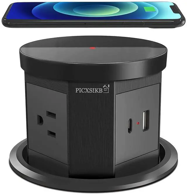 Main image of Pop Up Outlet with 15W Wireless Charger, 4.33 inch Pop Up Outlet for Countertop, 3 AC Plug 1 USB-A 1 USB-C Hidden Outlet Pop Up Electrical Outlet for for Kitchen/Home/Office