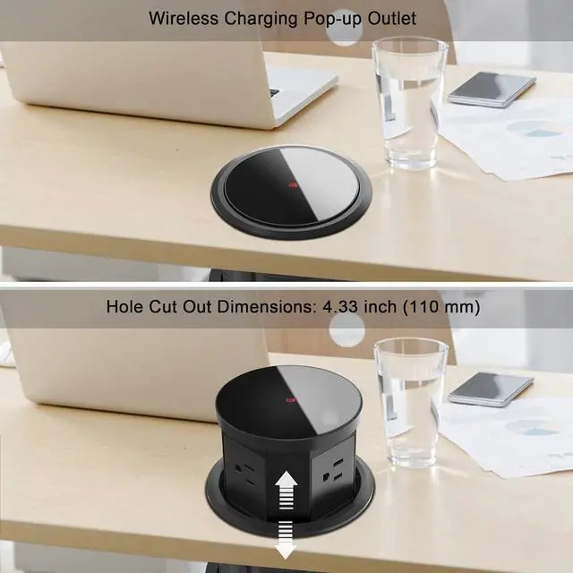 Alt view image 5 of 7 - Pop Up Outlet with 15W Wireless Charger, 4.33 inch Pop Up Outlet for Countertop, 3 AC Plug 1 USB-A 1 USB-C Hidden Outlet Pop Up Electrical Outlet for for Kitchen/Home/Office